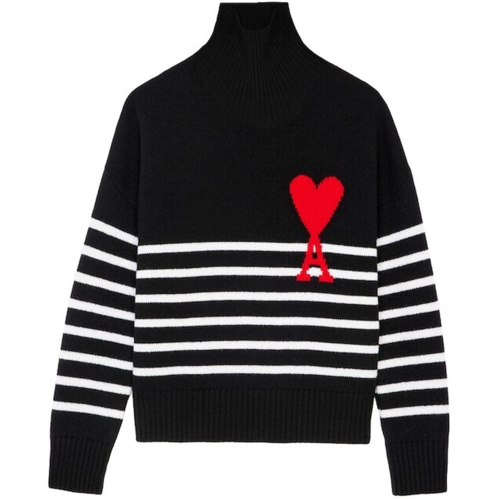 Ami Paris Black & White Stripe Turtleneck Wool Sweater Size XS
